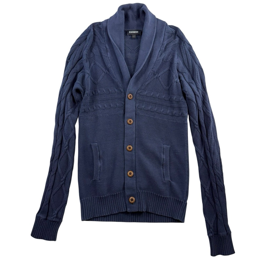 Express Sz S Cardigan Sweater Shawl Collar Fisherman Navy Knit Button Front Mens